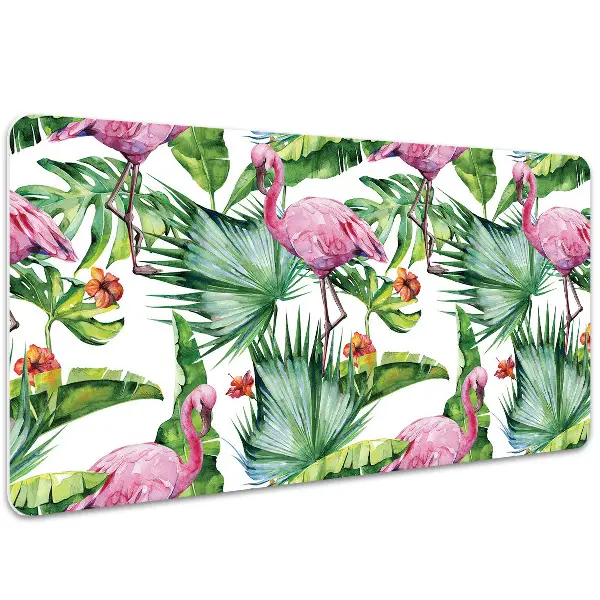 Schreibtischunterlage Blätter und Flamingos.