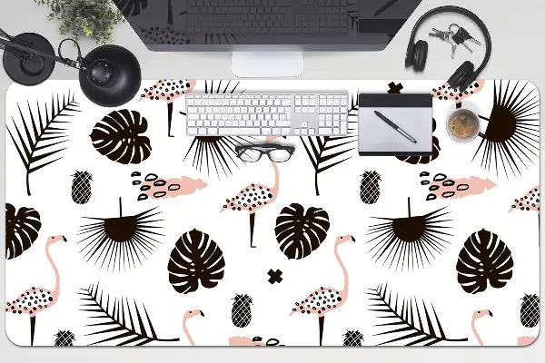 Büro-Schreibtischmatte Blätter und Flamingos.