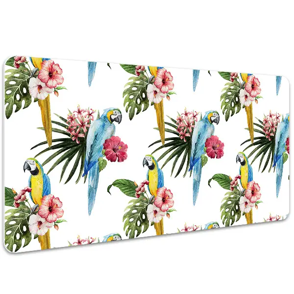 Schreibtisch Unterlegmatte Papageien und Blumen.