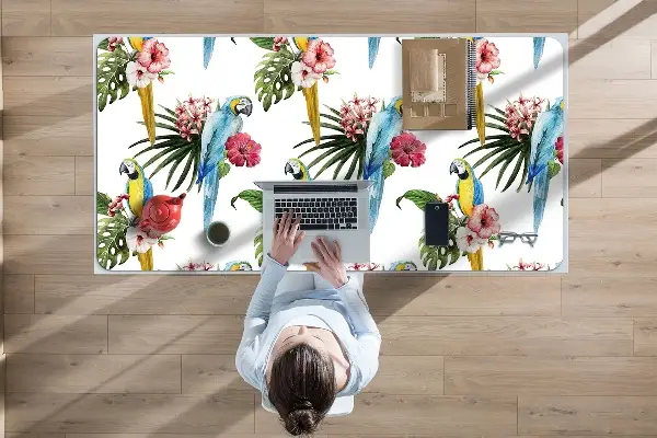 Schreibtisch Unterlegmatte Papageien und Blumen.
